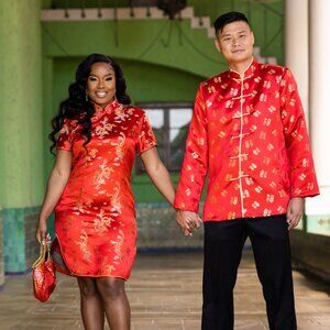 Red Chinese Wedding Dress Cheongsam Qipao + Men’s Matching Jacket Set